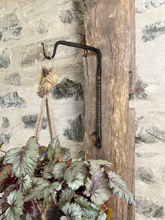 Hanging plant with a rustic hook against a stone wall